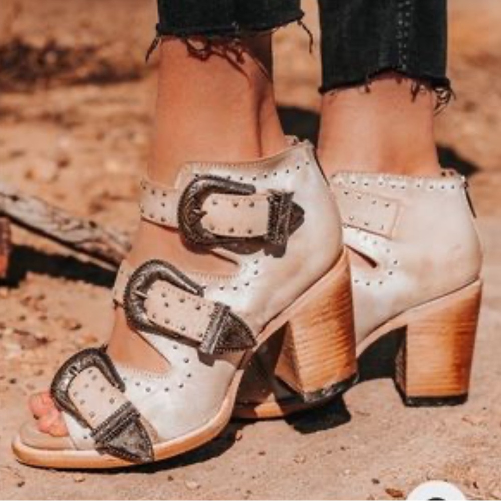 freebird Cream and Brown Buckle Block Heel Sandals